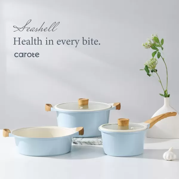 imageCAROTE Ceramic Pots and Pans Set Cookware Set 7 Piece Nontoxic Healthy Non Stick Cooking Set Cooking SetInduction Cookware Dishwasher SafeBlue