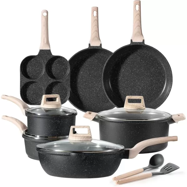 imageCAROTE Ceramic Pots and Pans Set Cookware Set 7 Piece Nontoxic Healthy Non Stick Cooking Set Cooking SetInduction Cookware Dishwasher SafeClassic Black