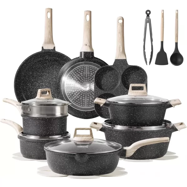 imageCAROTE Ceramic Pots and Pans Set Cookware Set 7 Piece Nontoxic Healthy Non Stick Cooking Set Cooking SetInduction Cookware Dishwasher SafeClassic Black