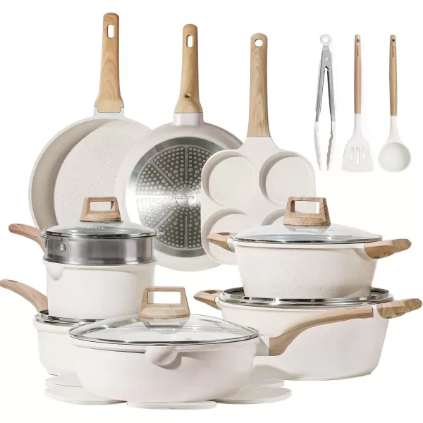 imageCAROTE Ceramic Pots and Pans Set Cookware Set 7 Piece Nontoxic Healthy Non Stick Cooking Set Cooking SetInduction Cookware Dishwasher SafeCream White