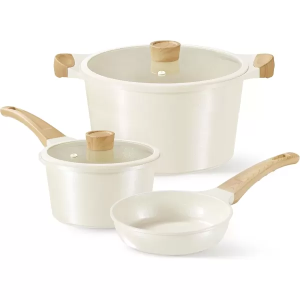 imageCAROTE Ceramic Pots and Pans Set Cookware Set 7 Piece Nontoxic Healthy Non Stick Cooking Set Cooking SetInduction Cookware Dishwasher SafeCream White