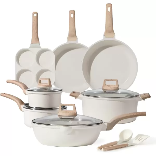 imageCAROTE Ceramic Pots and Pans Set Cookware Set 7 Piece Nontoxic Healthy Non Stick Cooking Set Cooking SetInduction Cookware Dishwasher SafeCream White