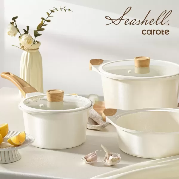 imageCAROTE Ceramic Pots and Pans Set Cookware Set 7 Piece Nontoxic Healthy Non Stick Cooking Set Cooking SetInduction Cookware Dishwasher SafeCream White