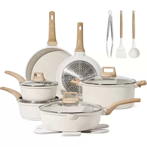 imageCAROTE Ceramic Pots and Pans Set Cookware Set 7 Piece Nontoxic Healthy Non Stick Cooking Set Cooking SetInduction Cookware Dishwasher SafeCream White