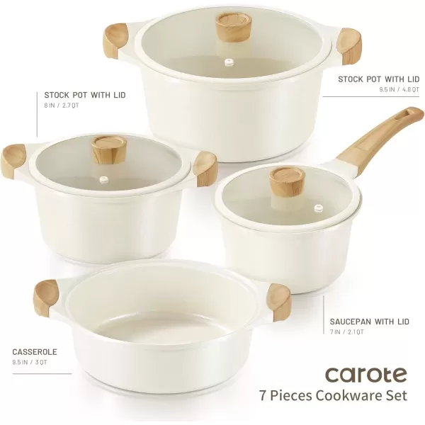 imageCAROTE Ceramic Pots and Pans Set Cookware Set 7 Piece Nontoxic Healthy Non Stick Cooking Set Cooking SetInduction Cookware Dishwasher SafeCream White