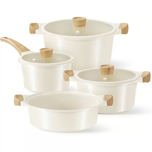 imageCAROTE Ceramic Pots and Pans Set Cookware Set 7 Piece Nontoxic Healthy Non Stick Cooking Set Cooking SetInduction Cookware Dishwasher SafeCream White