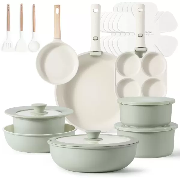 imageCAROTE 23pcs Pots and Pans Set Non Stick Cookware Sets Kitchen Set OvenDishwasherFridge Safe Space Saving Pots Set Nonstick Set with Versatile Detachable Handle Induction RV Set Black23pcs Sage Green