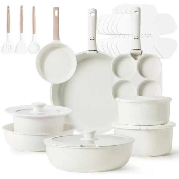 imageCAROTE 23pcs Pots and Pans Set Non Stick Cookware Sets Kitchen Set OvenDishwasherFridge Safe Space Saving Pots Set Nonstick Set with Versatile Detachable Handle Induction RV Set Black23pcs Cream White