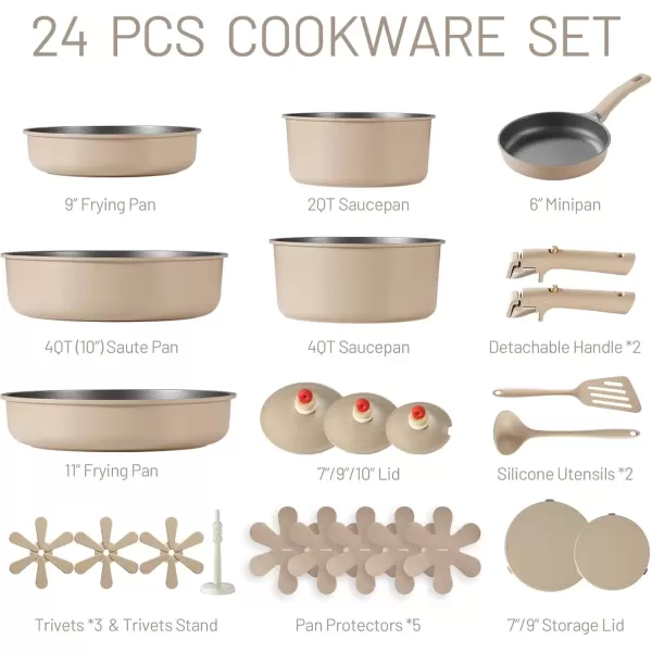 imageCAROTE 24pcs Pots and Pans Set Non Stick Nonstick Cookware Set OvenDishwasherFridge Safe Pots and Pans RV Safe Cookware Induction Kitchen Gift Set Detachable Handle Gray24pcs Brown Set