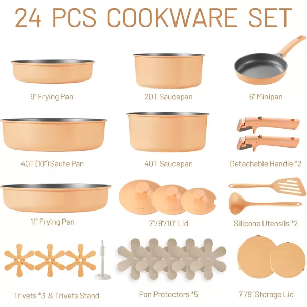imageCAROTE 24pcs Pots and Pans Set Non Stick Nonstick Cookware Set OvenDishwasherFridge Safe Pots and Pans RV Safe Cookware Induction Kitchen Gift Set Detachable Handle Gray24pcs Peach Set