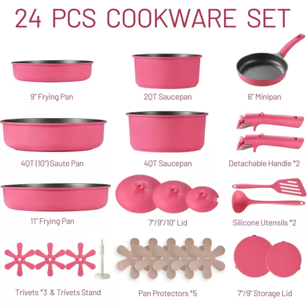 imageCAROTE 24pcs Pots and Pans Set Non Stick Nonstick Cookware Set OvenDishwasherFridge Safe Pots and Pans RV Safe Cookware Induction Kitchen Gift Set Detachable Handle Gray24pcs Pink Set