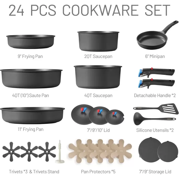 imageCAROTE 24pcs Pots and Pans Set Non Stick Nonstick Cookware Set OvenDishwasherFridge Safe Pots and Pans RV Safe Cookware Induction Kitchen Gift Set Detachable Handle Gray24pcs Gray Set