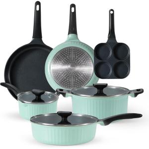 imageCAROTE Pots and Pans Set Nonstick Cookware Set Induction Cookware Non Stick Kitchen Cooking Set with Frying Pans SetEgg Pan9 PieceBlue