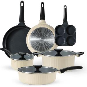 imageCAROTE Pots and Pans Set Nonstick Cookware Set Induction Cookware Non Stick Kitchen Cooking Set with Frying Pans SetEgg Pan9 PieceOatmeal