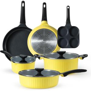 imageCAROTE Pots and Pans Set Nonstick Cookware Set Induction Cookware Non Stick Kitchen Cooking Set with Frying Pans SetEgg Pan9 PieceYellow
