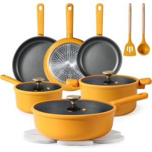 imageCAROTE 16 Piece Nonstick Kitchen Cookware Sets Pots and Pans Set Non StickInduction Cooking Set WFrying Pans Saucepans16 Piece Lemon Drop