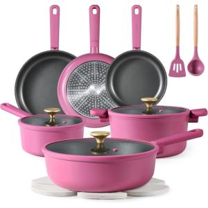 imageCAROTE 16 Piece Nonstick Kitchen Cookware Sets Pots and Pans Set Non StickInduction Cooking Set WFrying Pans Saucepans16 Piece Rose Pink