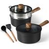 imageCAROTE 20Qt ampamp 25Qt Nonstick Sauce Pan Set with LidSteamer BasketUtensil Sets 7 Pcs Non Stick Sauce Pots Titanium Induction Cooking Pot with StayCool Handle BlackBlack