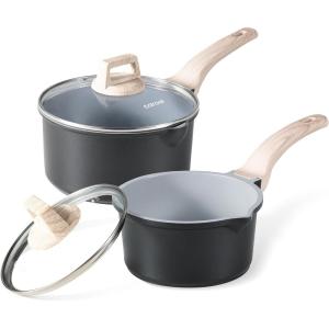 imageCAROTE 15Qt ampamp 30Qt Sauce Pan Set with Lid Nonstick Ceramic Saucepan with Pour Spout 4 Pcs Sauce Pots Small Kitchen Pots Induction Pot PFOA FREE BlackBlack