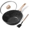 imageCAROTE Nonstick Wok Pan with Lid Spatula 12 Inch Woks ampamp Stirfry Pans Non Stick Granite Stone Pan Flat Bottom Induction Cookware Compatible with All StovetopsBlack