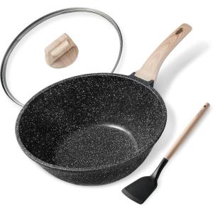 imageCAROTE Nonstick Wok Pan with Lid Spatula 12 Inch Woks ampamp Stirfry Pans Non Stick Granite Stone Pan Flat Bottom Induction Cookware Compatible with All StovetopsBlack