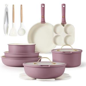 imageCAROTE 19pcs Pots and Pans Set Nonstick Cookware Set Detachable Handle Induction Kitchen Cookware Sets Non Stick with Removable Handle RV Cookware Set Gold and PurpleLight Purple 19pcs