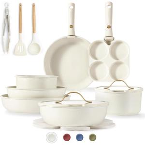 imageCAROTE 19pcs Pots and Pans Set Nonstick Cookware Set Detachable Handle Induction Kitchen Cookware Sets Non Stick with Removable Handle RV Cookware Set Gold and PurpleCream White 19pcs