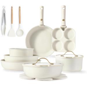 imageCAROTE 19pcs Pots and Pans Set Nonstick Cookware Set Detachable Handle Induction Kitchen Cookware Sets Non Stick with Removable Handle RV Cookware Set Gold and PurpleWhite 19pcs