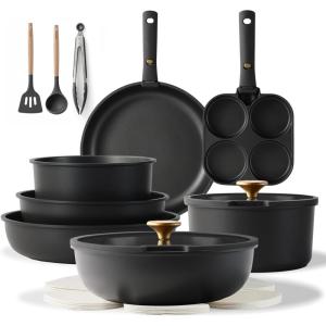 imageCAROTE 19pcs Pots and Pans Set Nonstick Cookware Set Detachable Handle Induction Kitchen Cookware Sets Non Stick with Removable Handle RV Cookware Set Gold and PurpleDark Gray 19pcs