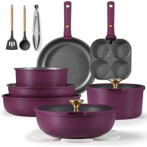 imageCAROTE 19pcs Pots and Pans Set Nonstick Cookware Set Detachable Handle Induction Kitchen Cookware Sets Non Stick with Removable Handle RV Cookware Set Gold and PurpleUltra Violet 19pcs