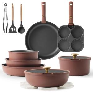 imageCAROTE 19pcs Pots and Pans Set Nonstick Cookware Set Detachable Handle Induction Kitchen Cookware Sets Non Stick with Removable Handle RV Cookware Set Gold and PurpleBurgundy 19pcs