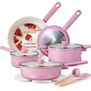 imageCAROTE Ceramic Pots and Pans Nonstick Cookware Set Kitchen Cooking Sets 14pcs Induction Pot and Pan Non StickPink