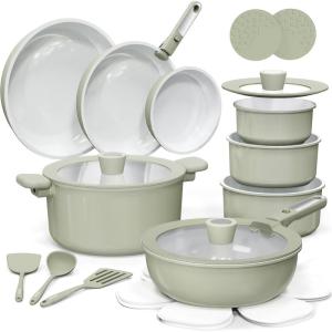 imageCAROTE 25pcs Ceramic Cookware Set Pots and Pans Set Non Stick Induction Kitchen Sets Non Stick RV Cookware with Detachable Handle DishwasherOven Safe Cookware Set NavyGreen