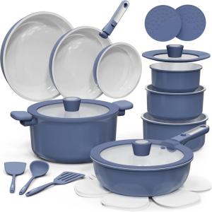 imageCAROTE 25pcs Ceramic Cookware Set Pots and Pans Set Non Stick Induction Kitchen Sets Non Stick RV Cookware with Detachable Handle DishwasherOven Safe Cookware Set NavyNavy