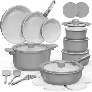 imageCAROTE 25pcs Ceramic Cookware Set Pots and Pans Set Non Stick Induction Kitchen Sets Non Stick RV Cookware with Detachable Handle DishwasherOven Safe Cookware Set NavyDark Gray