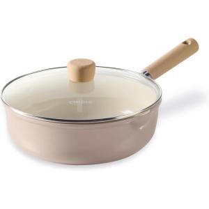 imageCAROTE 10quot Ceramic Saute Pan wilt Lid Non Stick Frying Pan Skillet Chefs Pan Healthy ampamp PFOAPFAS Free InductionCompatible Taupe