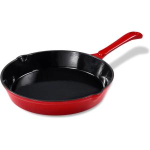 imageCAROTE Cast Iron Skillet Frying Pan Oven Stovetop Grill Campfire ampamp Induction Compatible Durable NonToxic EvenHeating Cookware Red Round 8quotRed