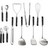 imageCarote Stainless Steel Cooking Utensils Set with StayCool Wooden Handles 11PCS Kitchen Tools Set Spatulas Whisk Tongs Ice Cream Scoop Peeler Pizza Cutter Potato Masher