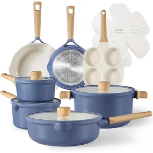 imageCAROTE 14Pcs Nonstick Ceramic Cookware Set Non Toxic Cookware PFASPFOA Free Cream White Pots and Pans Set Non Stick Kitchen Cooking Pan Set Large CapacityBlue