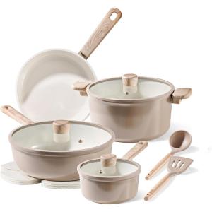 imageCAROTE 14Pcs Nonstick Ceramic Cookware Set Non Toxic Cookware PFASPFOA Free Cream White Pots and Pans Set Non Stick Kitchen Cooking Pan Set Large CapacityBrown