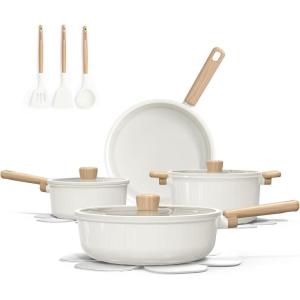imageCAROTE 14Pcs Nonstick Ceramic Cookware Set Non Toxic Cookware PFASPFOA Free Cream White Pots and Pans Set Non Stick Kitchen Cooking Pan Set Large CapacityWhite
