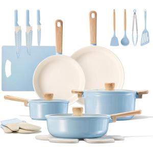 imageCAROTE 26pcs Ceramic Cookware Set Pots and Pans Non Stick Kitchen Cookware Sets Pots and Pans Set Cooking Set with Knife Set ampamp Oven MittsBlue