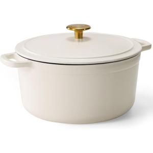 imageCAROTE Cast Iron Dutch Oven Pot with Lid Enameled Dutch Oven for Bread Baking Dual Handles HeavyDuty Cast Iron Pot 5QT RedCream White