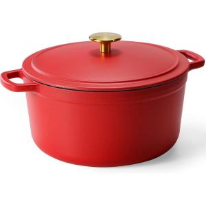 imageCAROTE Cast Iron Dutch Oven Pot with Lid Enameled Dutch Oven for Bread Baking Dual Handles HeavyDuty Cast Iron Pot 5QT RedRed