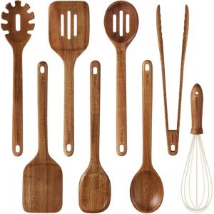 imageCAROTE Wooden kitchen Utensils Set Acacia Wood 8pcs Cooking Utensil Set for Nonstick Cookware Longlasting Wooden Spoons for Cooking Spatula Turner