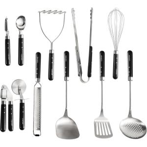 imageCarote Stainless Steel Cooking Utensils Set with StayCool Wooden Handles 11PCS Kitchen Tools Set Spatulas Whisk Tongs Ice Cream Scoop Peeler Pizza Cutter Potato Masher