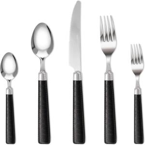 imageCarote Silverware Set for 4 20 Pcs Stainless Steel Flatware Set Mirror Polished Cutlery Utensil Set Including Knife Fork Spoon with Leather Patterned ABS Handle Black
