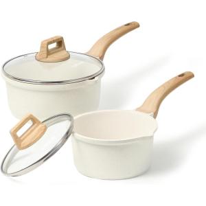 imageCAROTE 18Qt Sauce Pan Sets with Lid Cooking Pots Nonstick Saucepans Cookware Set with Pour Spout Small Kitchen Pot Induction Comptable Easy to Clean PFOA FREE White GraniteWhite Granite