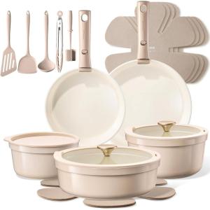 imageCAROTE 19 Pcs Ceramic Cookware Set Titanium Nonstick with Detachable Handles Non Toxic Cookware Pots and Pans Set Non Stick Removable Handles Induction Available Kitchen Cooking Dishwasher Safe