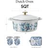 imageCAROTE Cast Iron Dutch Oven Pot with Lid 5 QT Enameled Floral Dutch Ovens with Cotton Potholders ampamp Oven Gloves Gift Box Cast Iron Pot for Sourdough Bread Baking Braising Stews Roasting Dual Handles All Stovetop Compatible White ampamp Blue